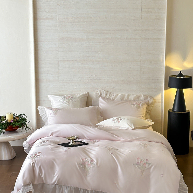 Embroidered Reversible Sateen Duvet Cover Set with Decorative Shams