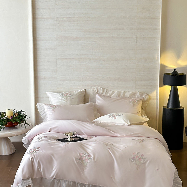 Embroidered Reversible Sateen Duvet Cover Set with Decorative Shams
