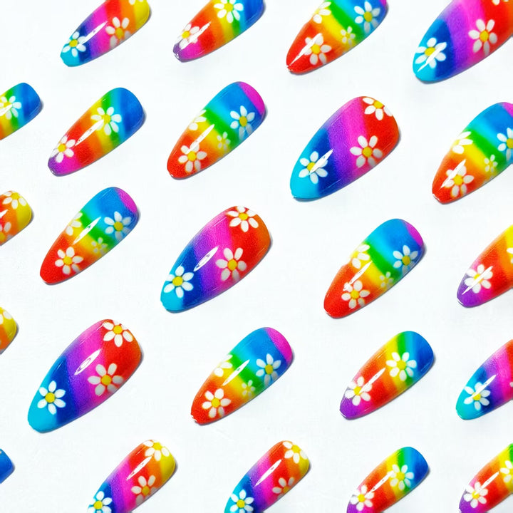 Creative Nail Art with Colorful Rainbow Design and Playful Flower Motifs Stornfield