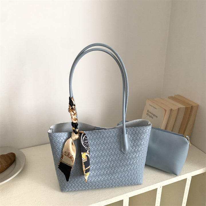 Woven Leather Tote Bag with Decorative Scarf