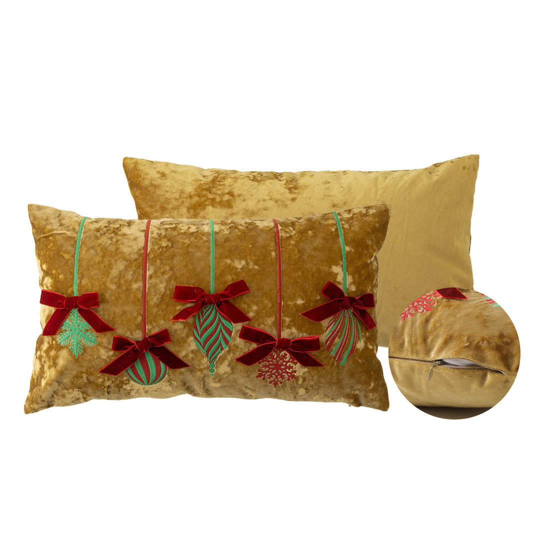 Rectangular velvet cushion cover with embroidered Christmas ornaments Stornfield