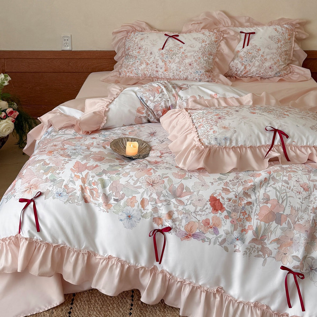 Romantic Floral Ruffled Duvet Cover Set with Ribbon-Tied Shams