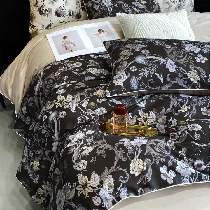 Luxurious cotton satin bedding set with large floral botanical print