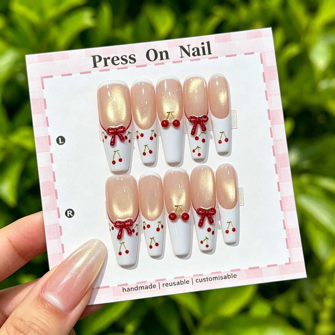 Artistic Press-On Nail Set with Cherry and Bow Designs