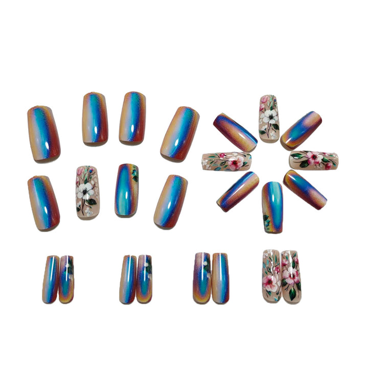 Artificial nails with elegant floral designs and holographic effect Stornfield