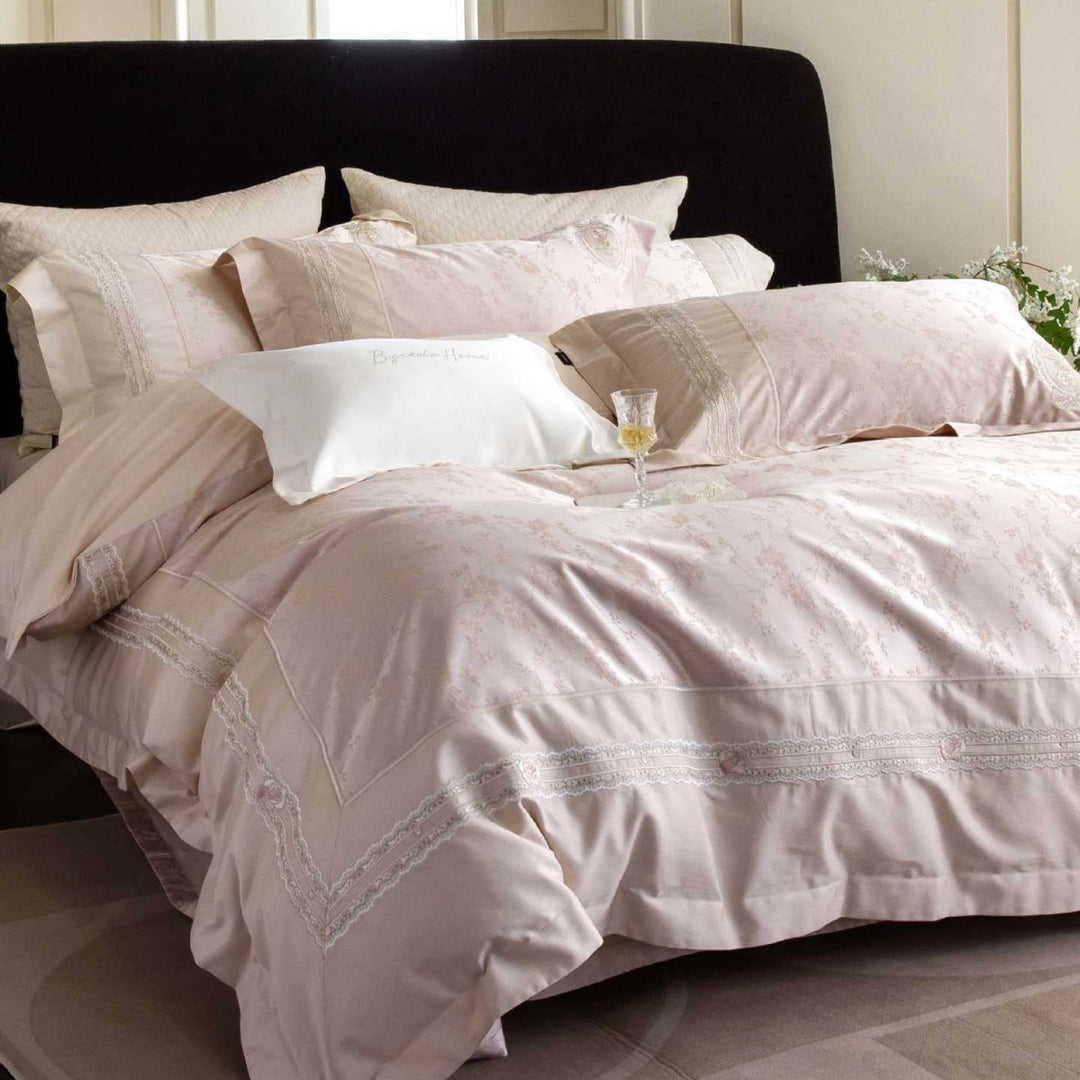 Hotel-Style Embroidered Cotton Sateen Duvet Cover Set with Lace Trim and Pillow Shams
