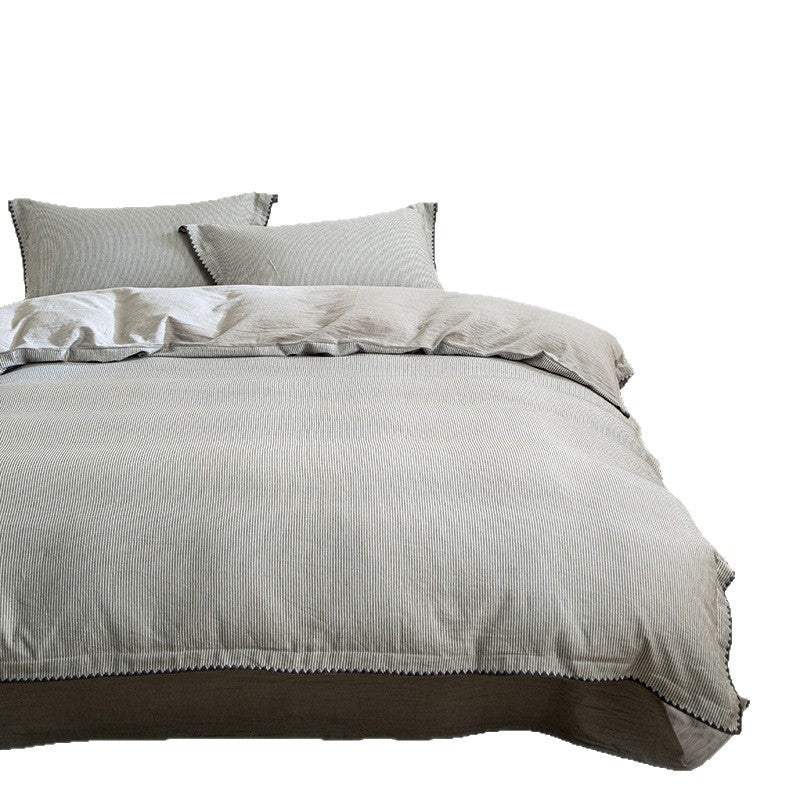 Linen-Cotton duvet cover set with fine striped texture and decorative trim