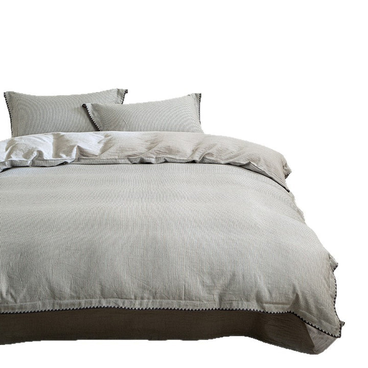 Linen-Cotton duvet cover set with fine striped texture and decorative trim