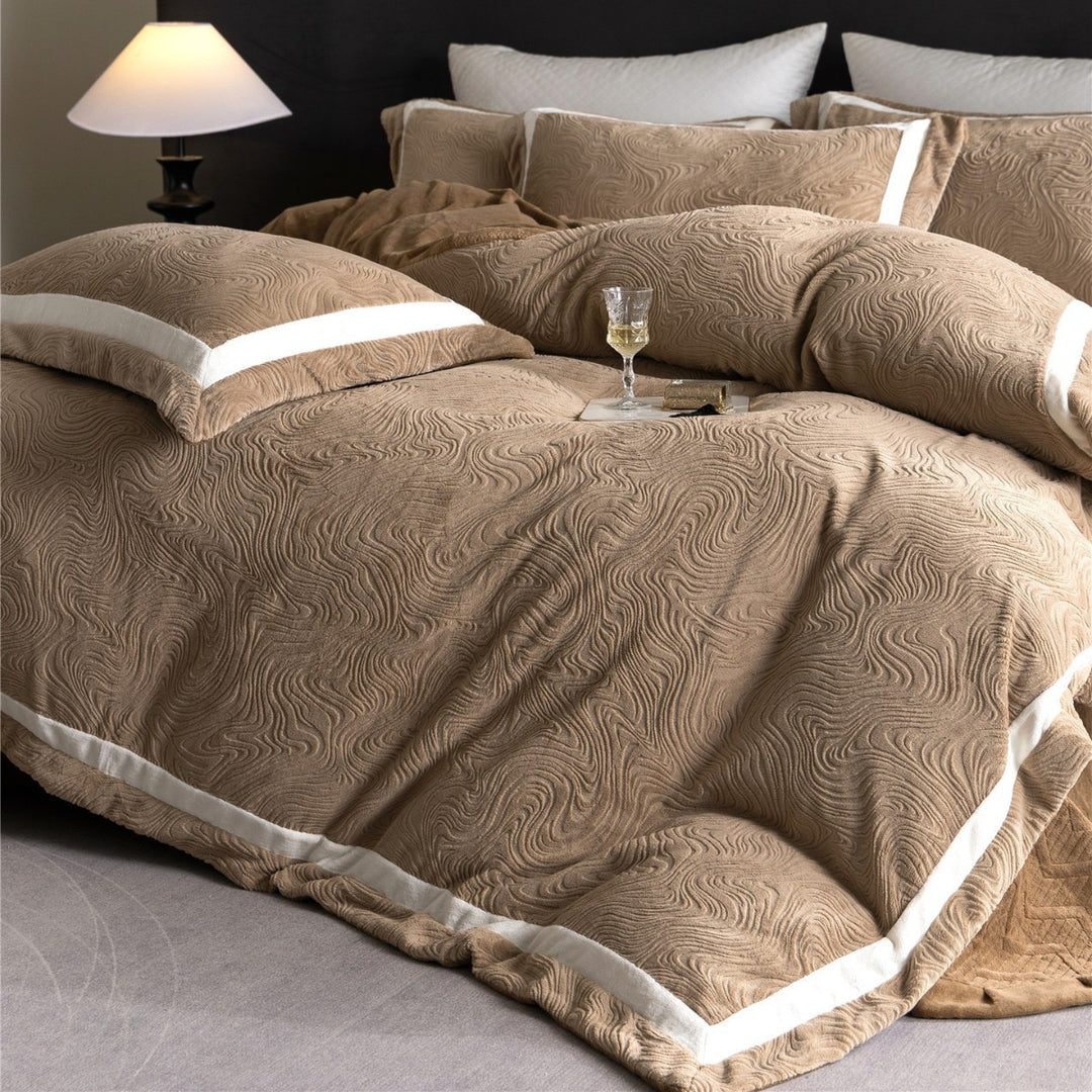 Embossed Swirl-Textured Duvet Cover Set with Contrast Border