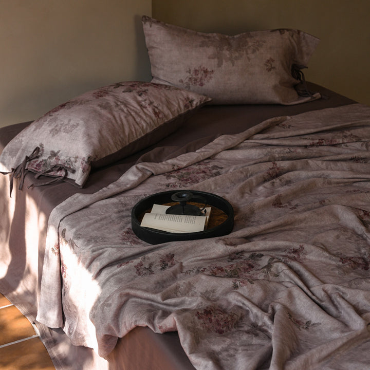 Floral Washed-Linen Feel Reversible Duvet Cover & Fitted Sheet Ensemble with Tie-Closure Pillow Shams