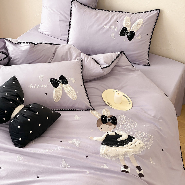 Embroidered Cotton Duvet Cover Set with Appliqué Ballet Doll & Decorative Bow Pillows