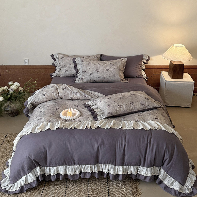 Reversible Floral-Print Ruffled Duvet Cover Set with Eyelet Lace Trim and Matching Shams