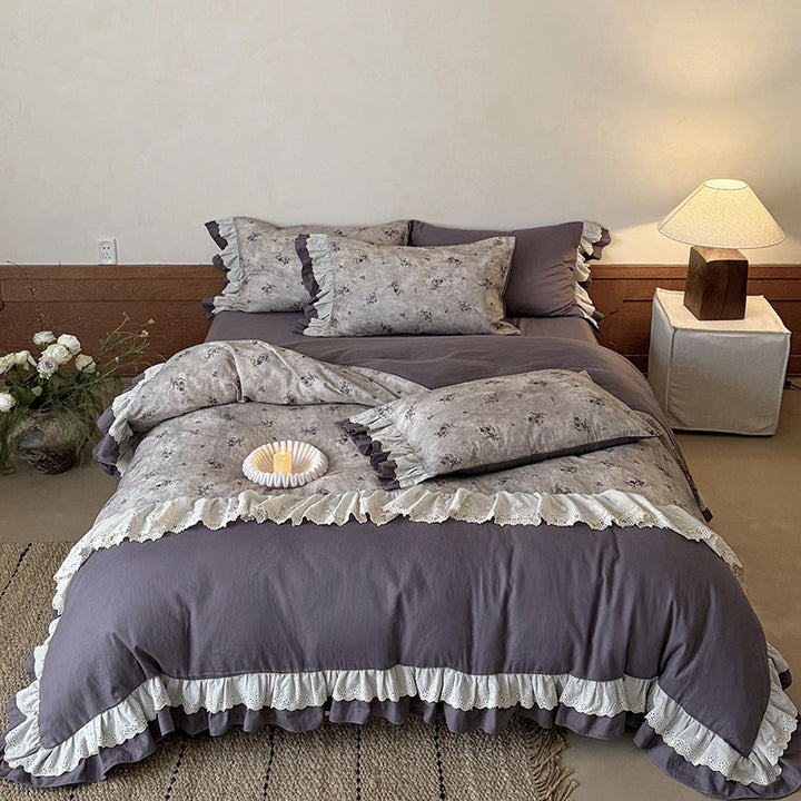 Reversible Floral-Print Ruffled Duvet Cover Set with Eyelet Lace Trim and Matching Shams