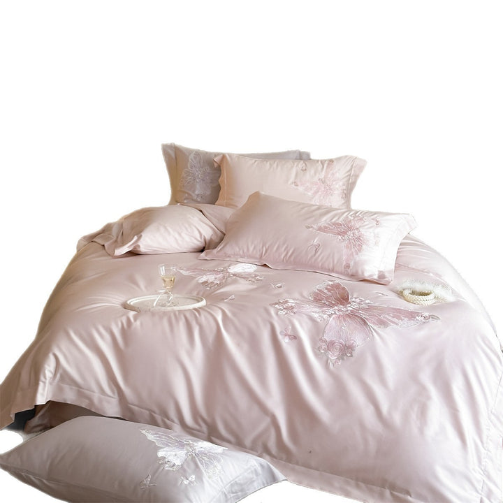 Silk-Feel Satin Butterfly Embroidered Duvet Cover and Pillow Sham Bedding Ensemble