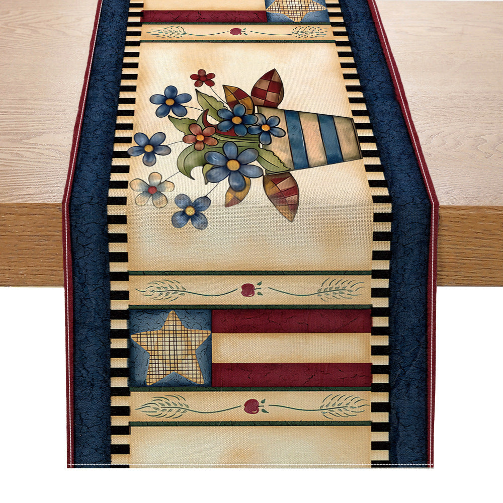Distressed American Flag Cotton-Linen Table Runner with Patriotic Stars and Stripes Print