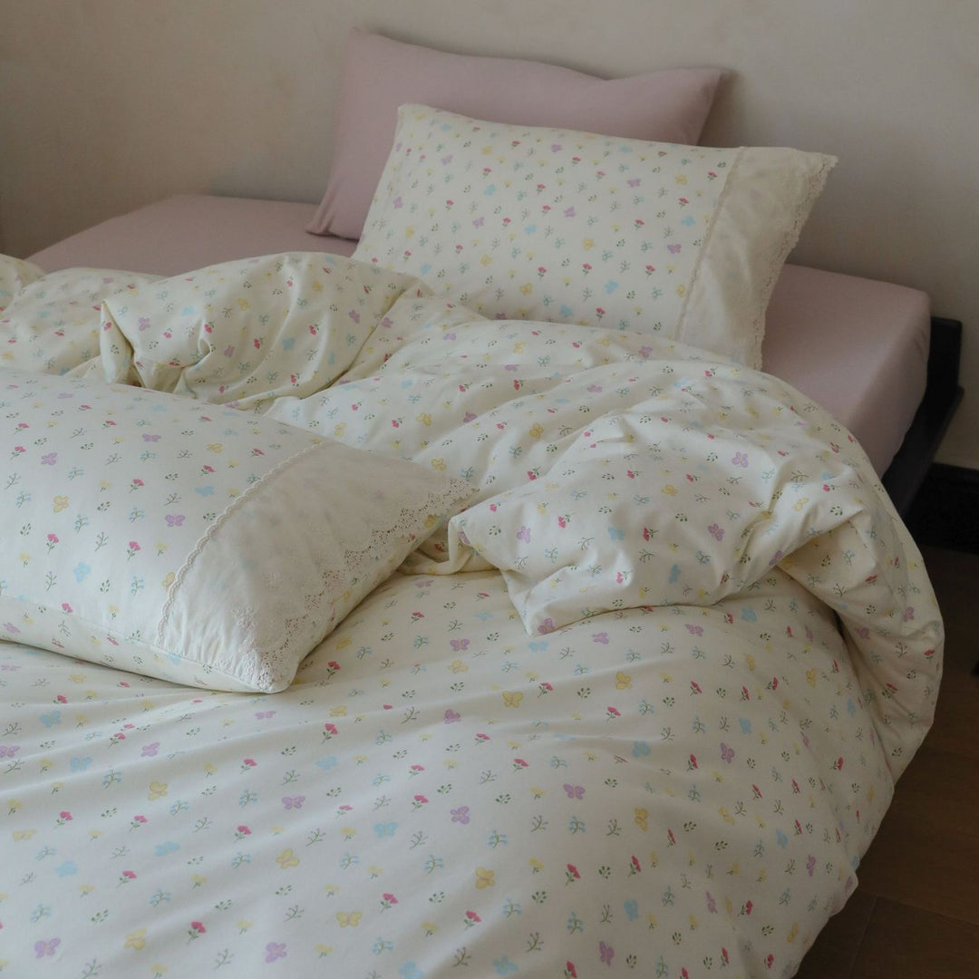 Floral Microcotton Duvet Cover Set with Lace-Trim Pillow Shams
