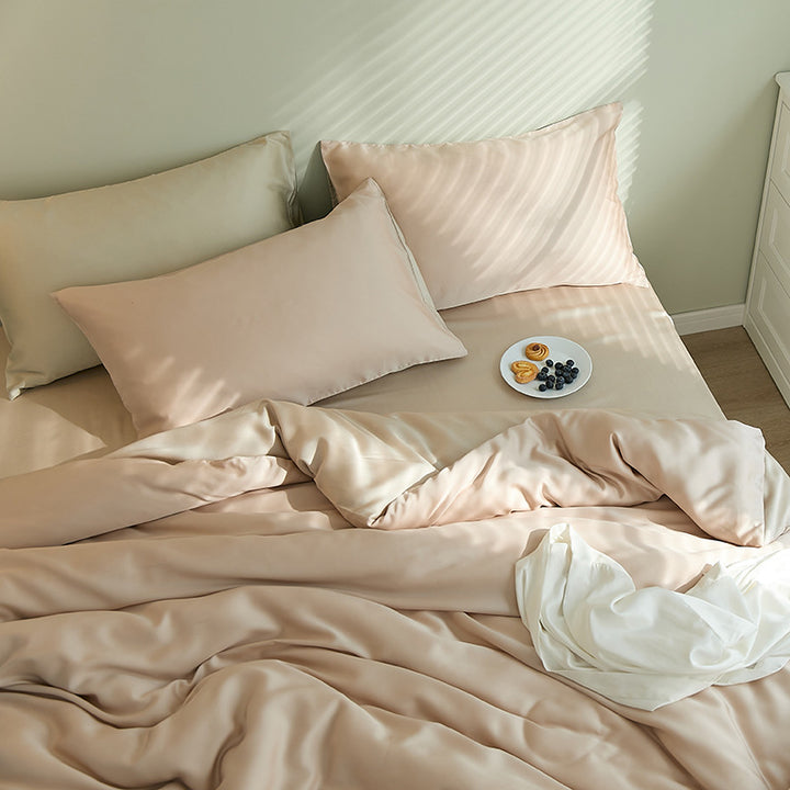 Fine-structured satin bedding set with temperature-regulating fiber and concealed zipper