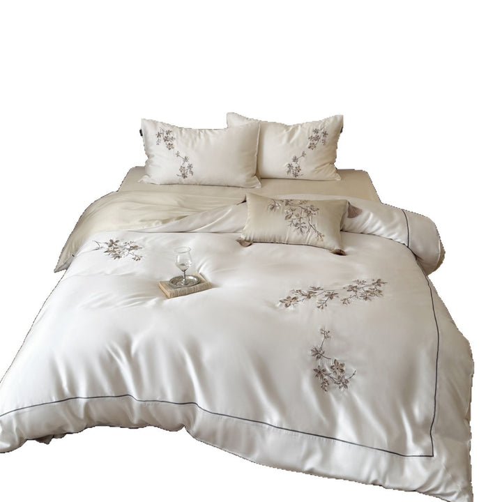 Silky Sateen Embroidered Botanical Duvet Cover Set with Piped Edge & Tassel Accent Pillow