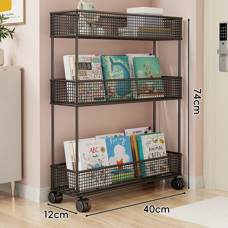 Freestanding Four‑Tier Metal Mesh Book and Display Shelf Rack