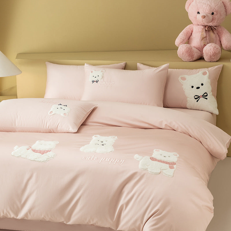 Children's duvet cover set made of cotton satin with embroidered plush puppy appliqués