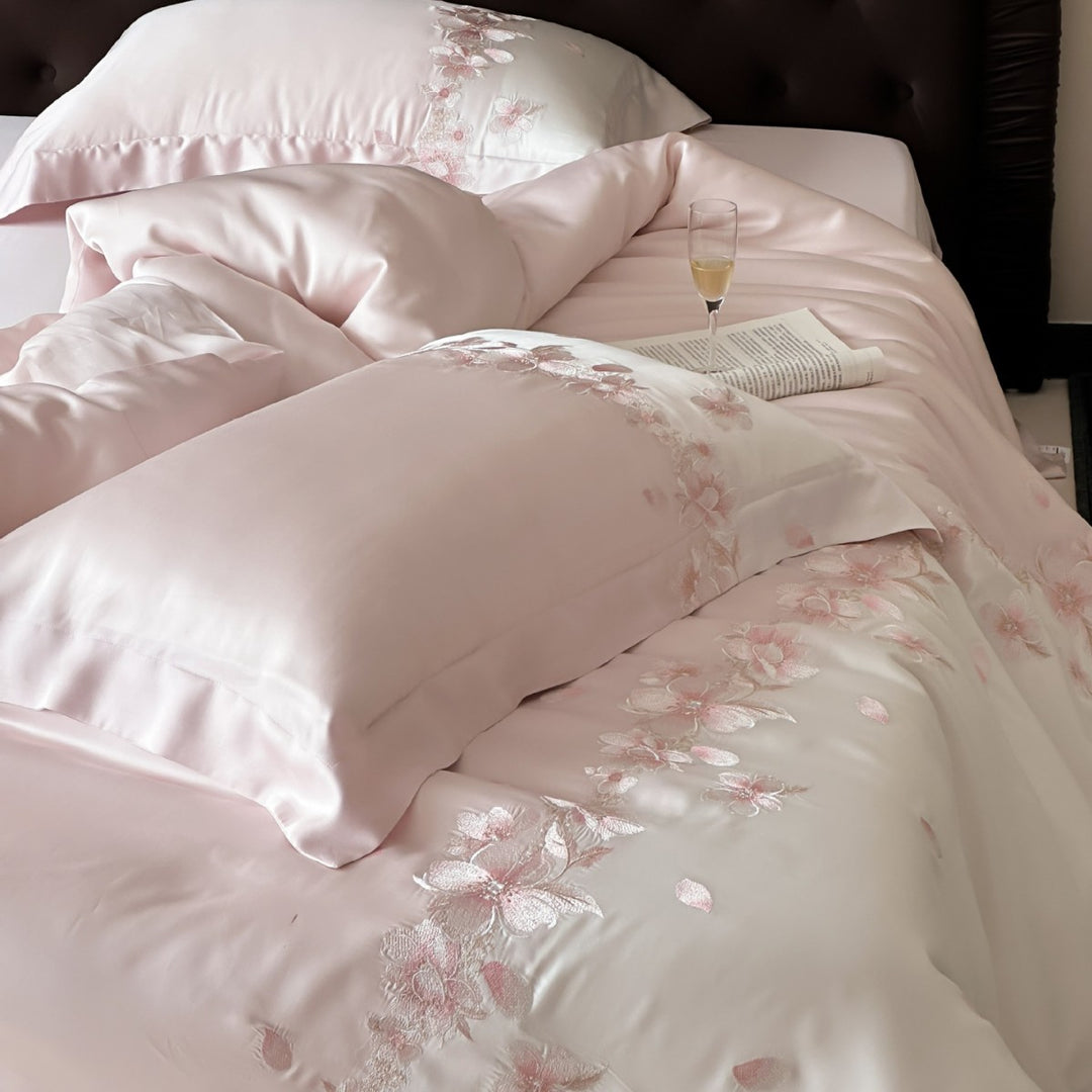 Luxurious satin bedding set with floral embroidery border and silky shine surface