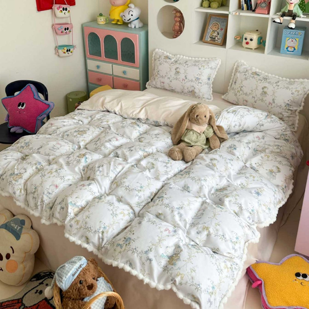 Romantic Floral Cotton Duvet Cover Set with Pom-Pom Trim and Matching Pillow Shams