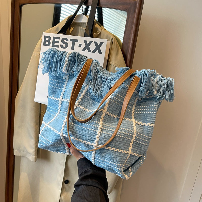 Textured Woven Tote Handbag