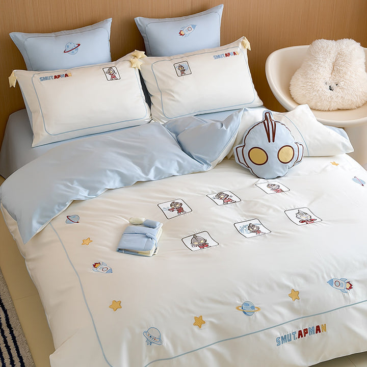 Children's Space-Theme Cotton Sateen Duvet Cover Bedding Set with Rocket & Character Pillow