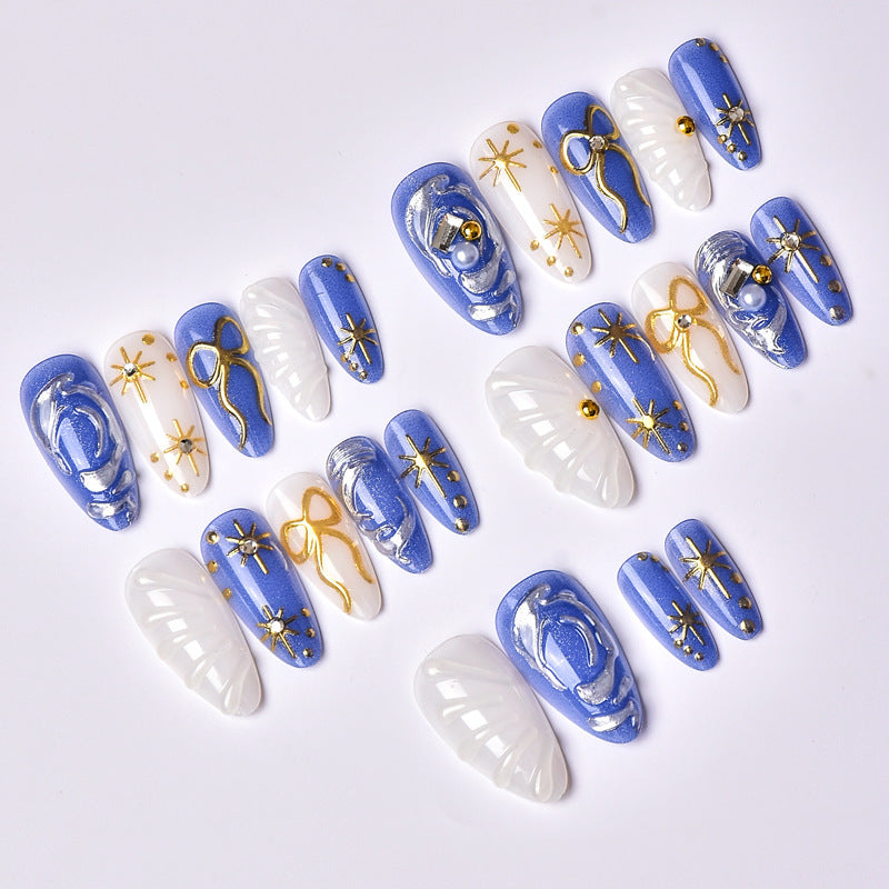 Artistic Press-On Nail Art Set with Gold and Pearl Accents Stornfield