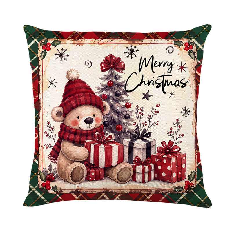 Festive Holiday Reindeer Decorative Square Pillow Cover with Plaid Border and Concealed Zipper