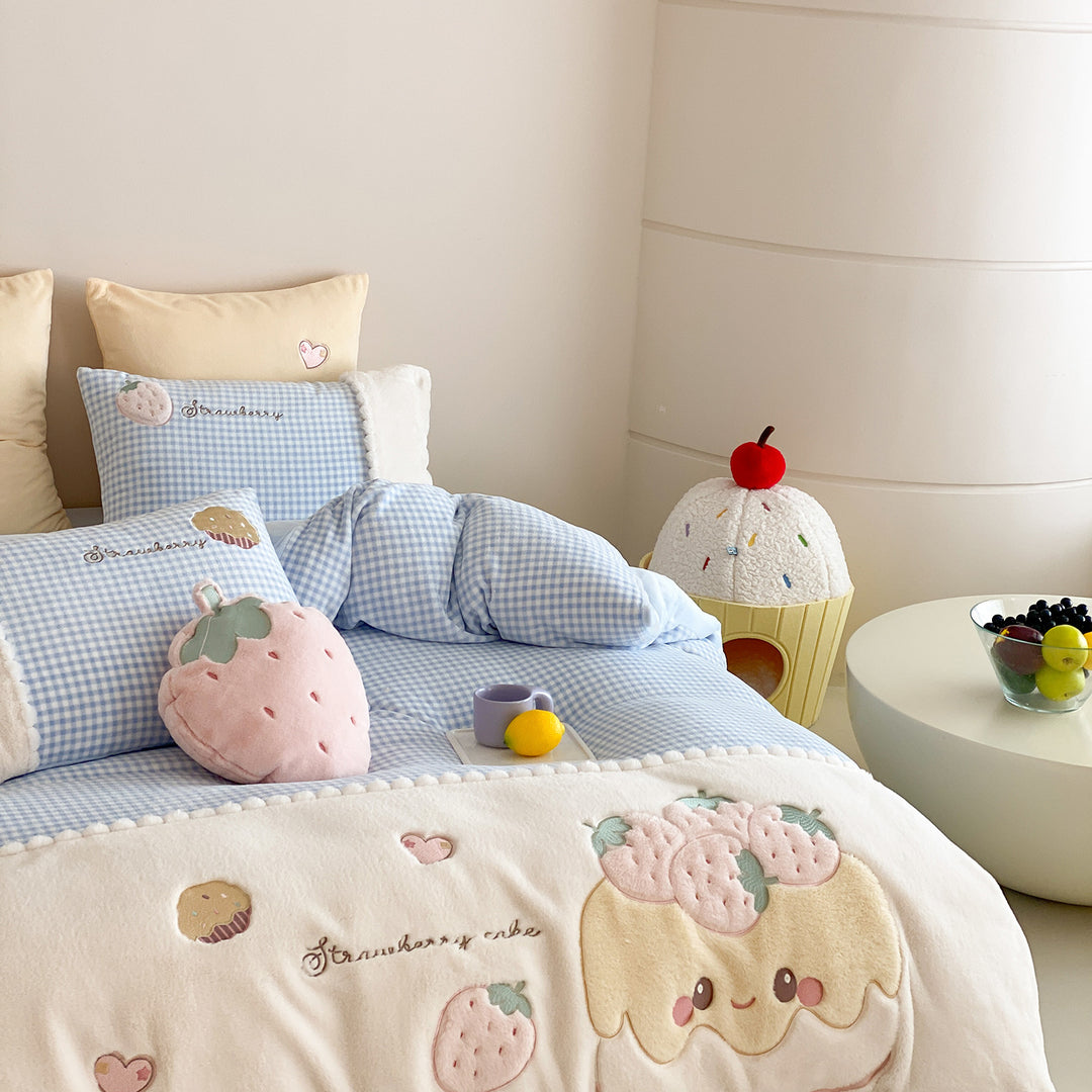 Cozy bedding set with embroidered strawberry appliqués