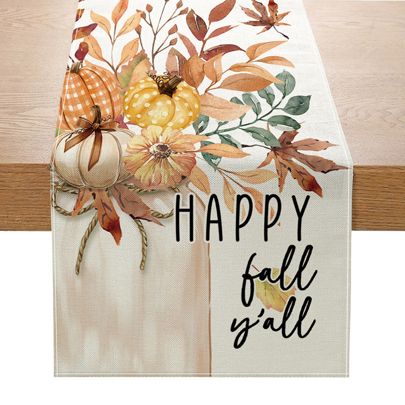 Cotton-Linen Fall Pumpkin Decorative Table Runner with 'Hello Fall' Script