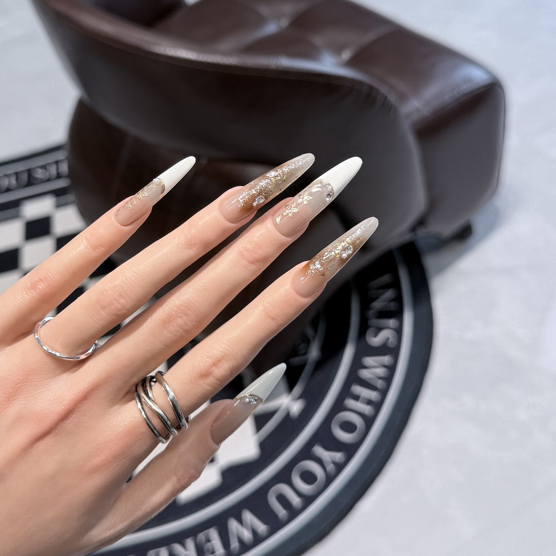 Elegant Stiletto Press-On Nail Set with Floral and Glitter Design Stornfield