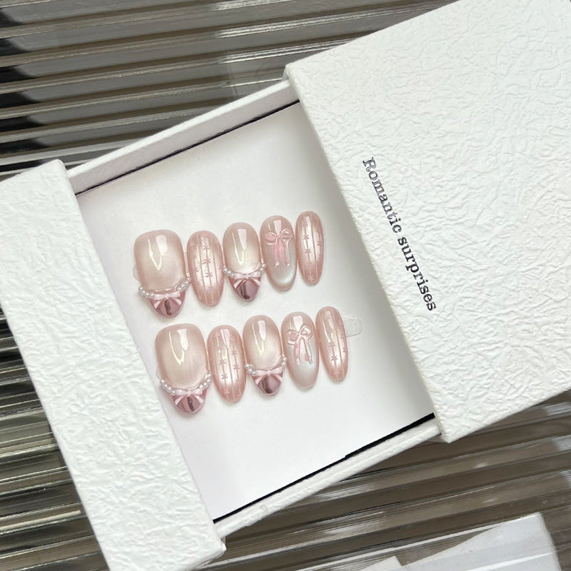 Romantic Bow-Embellished Press-On Nail Design