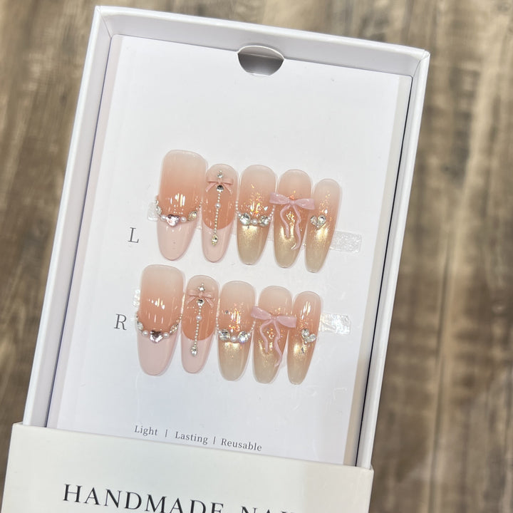 Decorative Stiletto Press-On Nail Art Set with Elegant Ribbons and Gems Stornfield