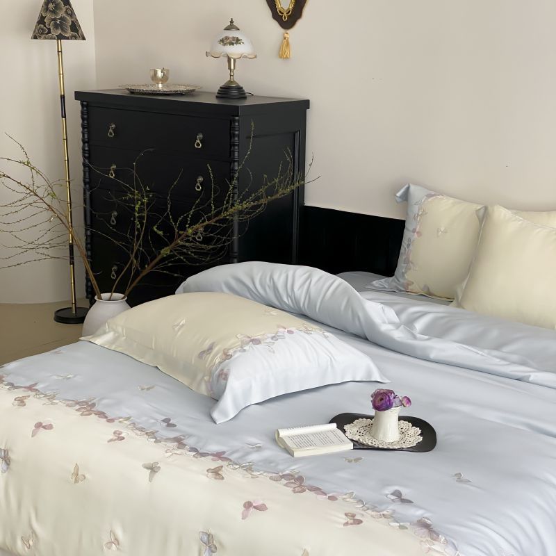 Embroidered Satin-Feel Duvet Cover Ensemble with Reversible Flat Sheet & Pillow Shams