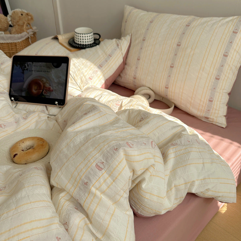 Cotton Washed Stripe Duvet Cover Set with Mini Bear Motif Pillow Shams