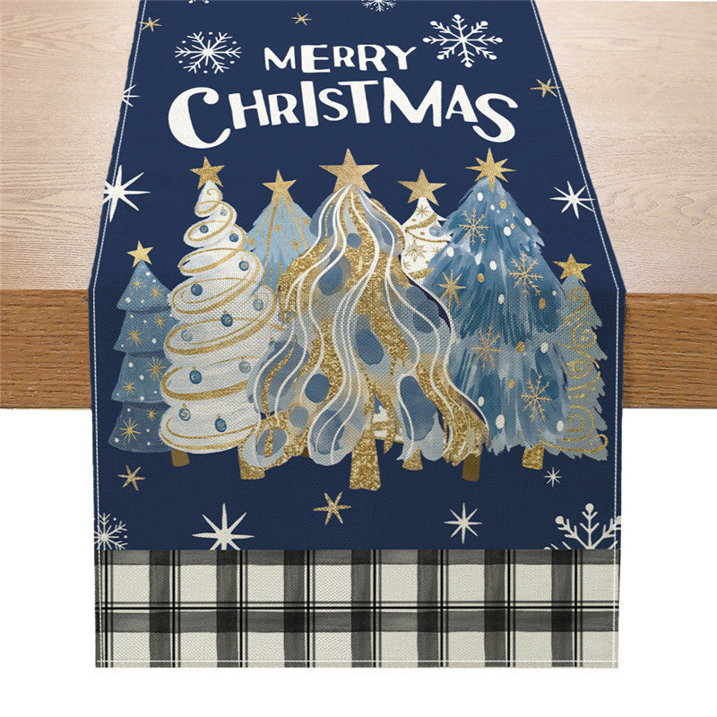 Festive Christmas Table Runner with Santa, Snowman & Reindeer Illustration