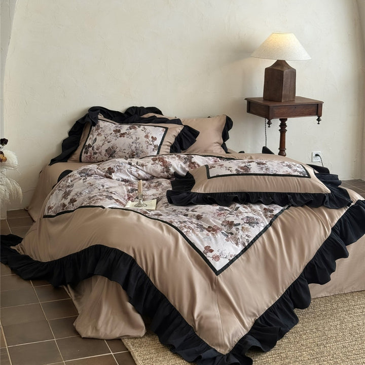 Luxury Floral Brushed Microfiber Duvet Cover Set with Piped Edging