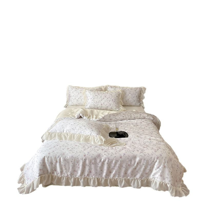 Luxury Floral Satin Bedding Set with Ruffled Edge