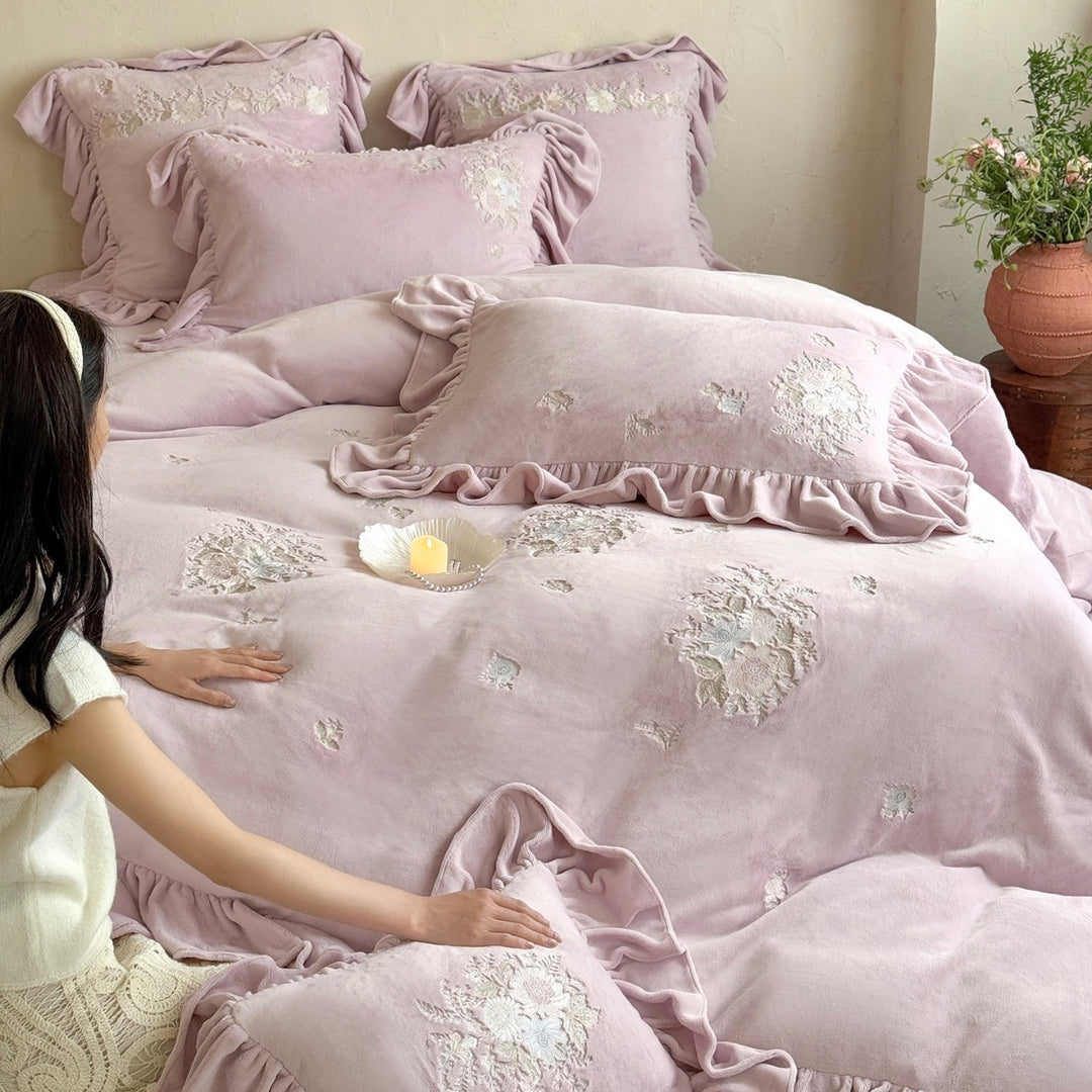 Embroidered Ruffled Floral Duvet Cover Set
