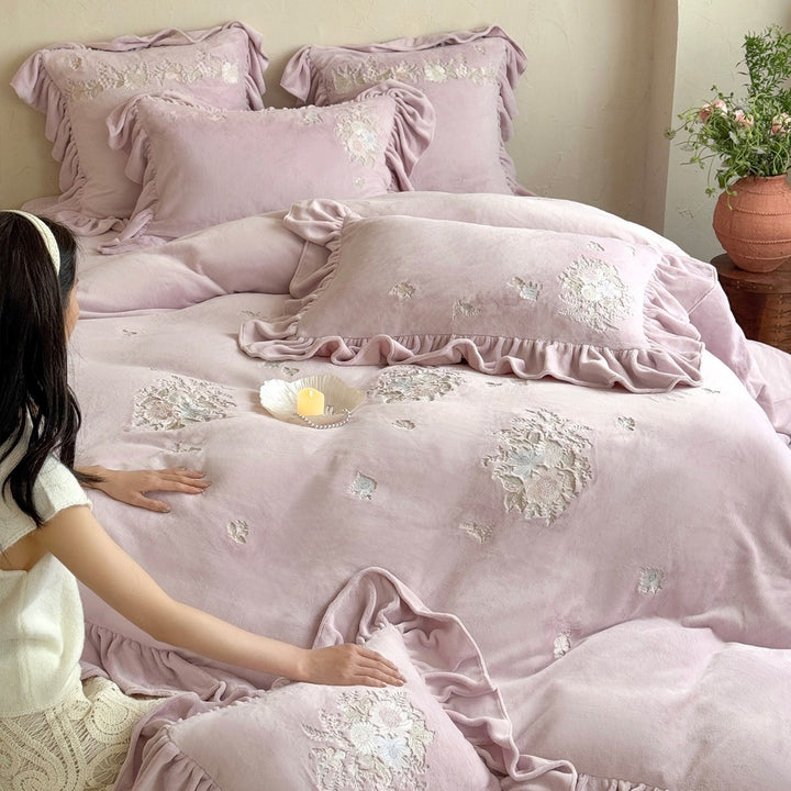 Embroidered Ruffled Floral Duvet Cover Set