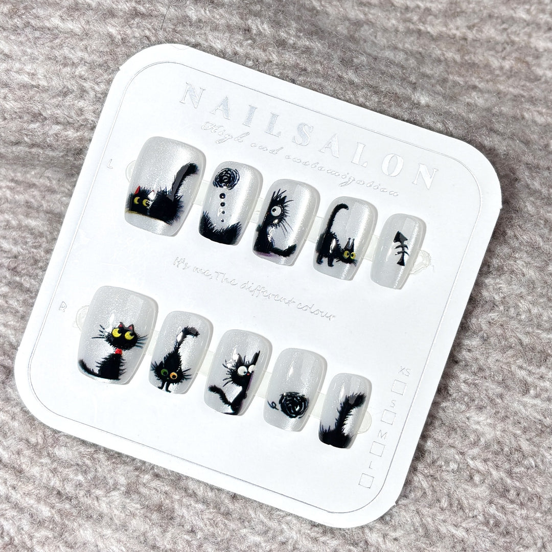 Whimsical Cat-Themed Press-On Nails