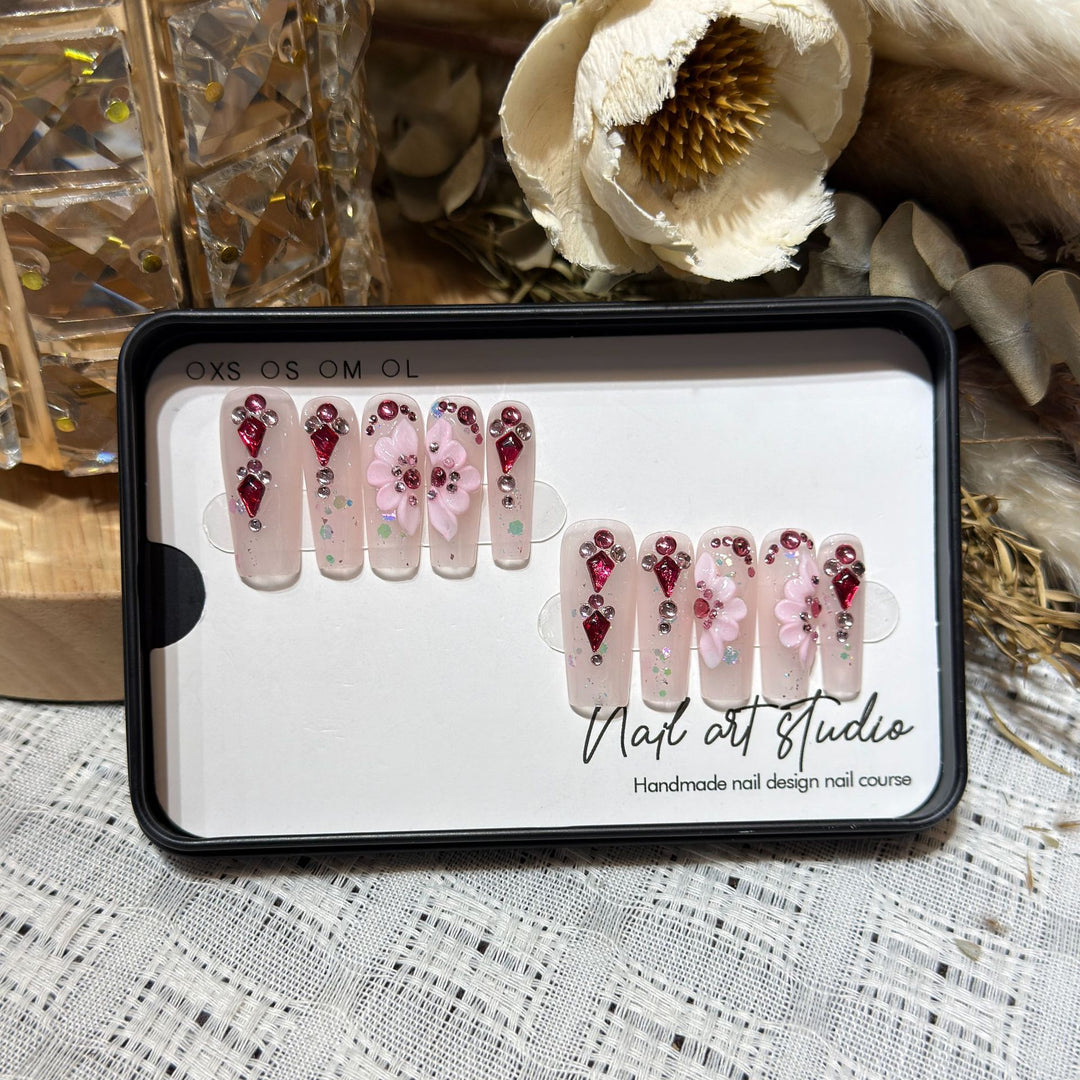 Floral-Themed Press-On Nail Set with Gemstone Accents Stornfield