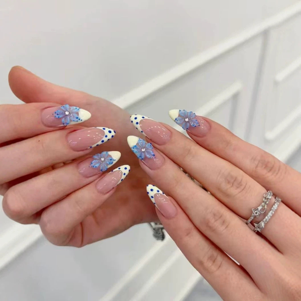Artistic Press-On Nail Set with Floral and Polka Dot Design Stornfield
