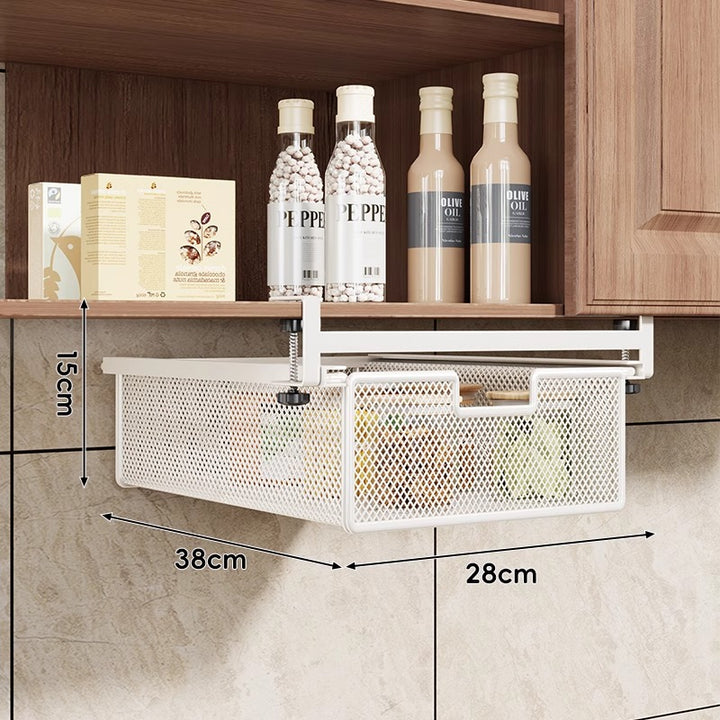 Under-Shelf Slide-Out Metal Mesh Pull-Out Storage Drawer with Adjustable Clamp
