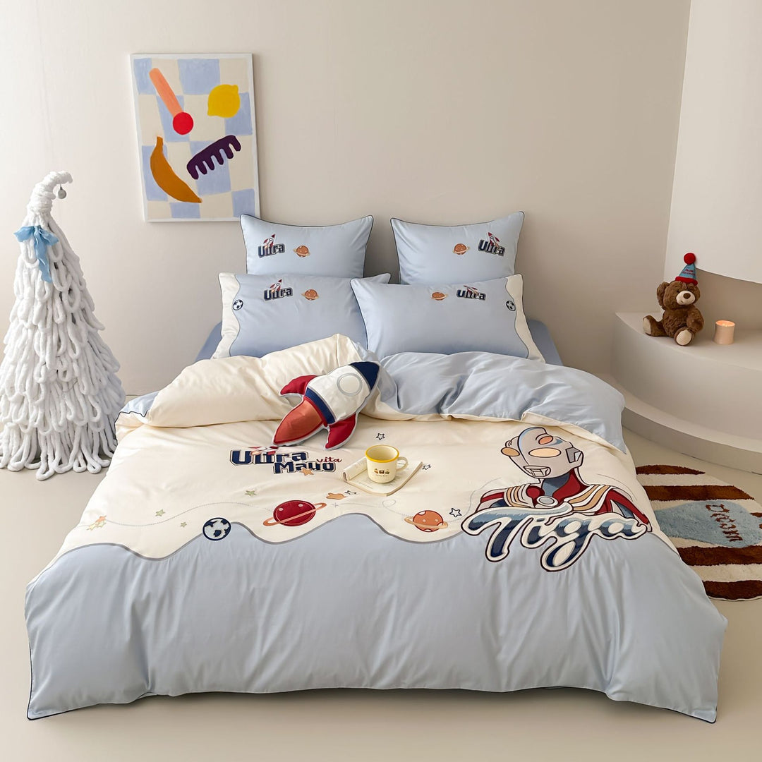 Children's Space-Themed Duvet Cover Bedding Set with Embroidered Planets and Decorative Planet Pillow