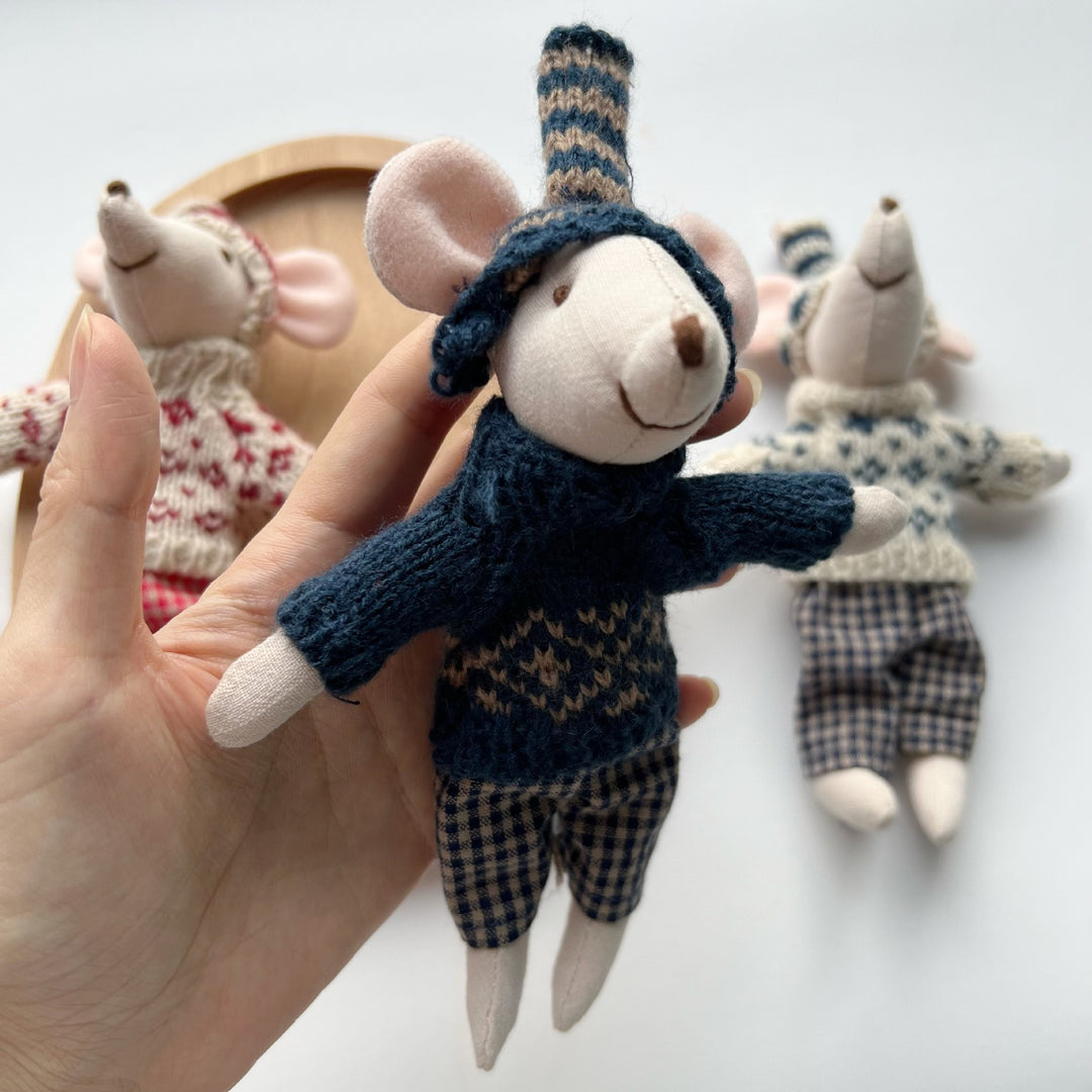 Artisan Linen Play Mouse Doll with Gingham Dress