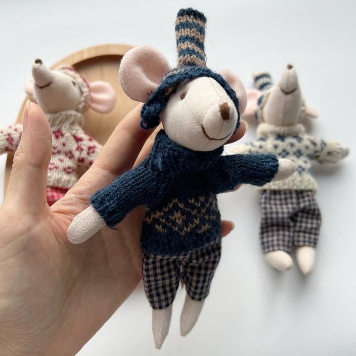 Artisan Linen Play Mouse Doll with Gingham Dress
