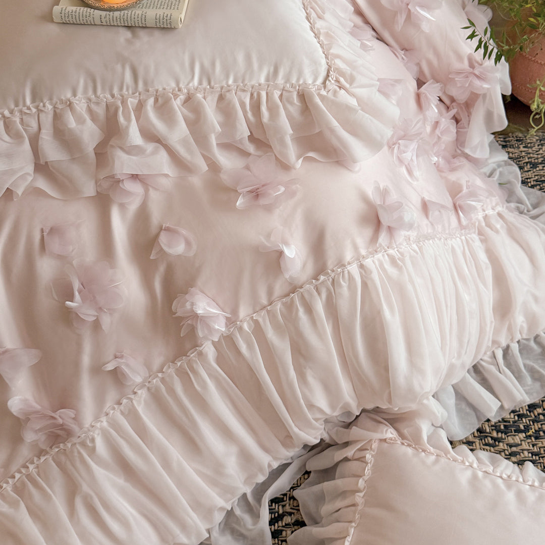 Romantic Ruffled Floral Appliqué Duvet Cover Set